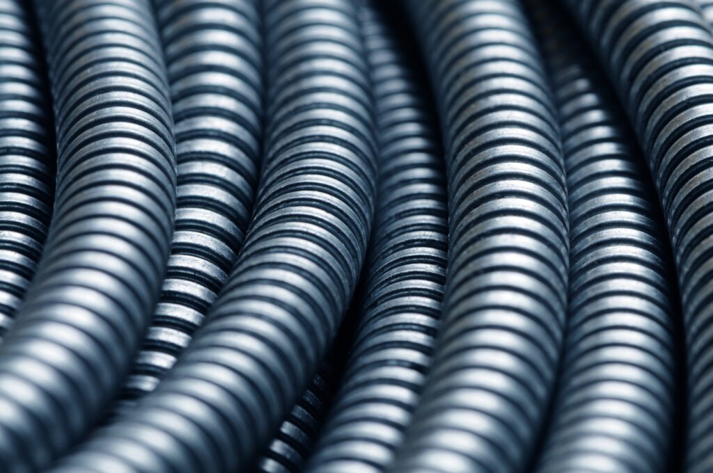 close-up of corrugated flexible conduits
